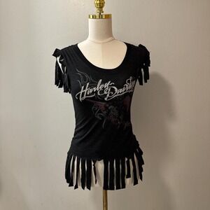 Y2K Harley Davidson Grey Shirt With Fringe Size Women's XS